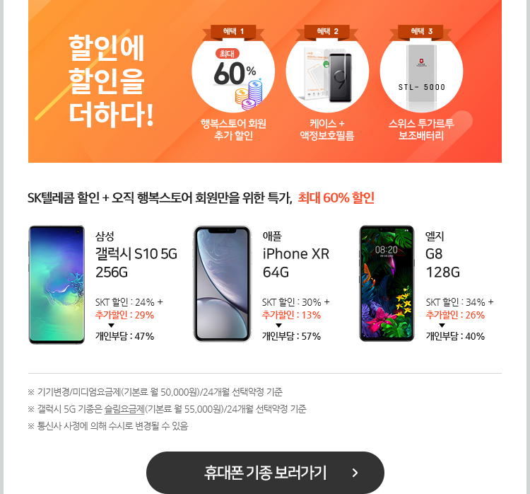 할인에 할인을 더하다! SK텔레콤 할인 + 오직 행복스토어 회원만을 위한 특가,  최대 60% 할인. ※ 기기변경/미디엄요금제(기본료 월 50,000원)/24개월 선택약정 기준, 갤럭시 5G 기종은 슬림요금제(기본료 월 55,000원)/24개월 선택약정 기준, 통신사 사정에 의해 수시로 변경될 수 있음. 휴대폰 기종 보러가기