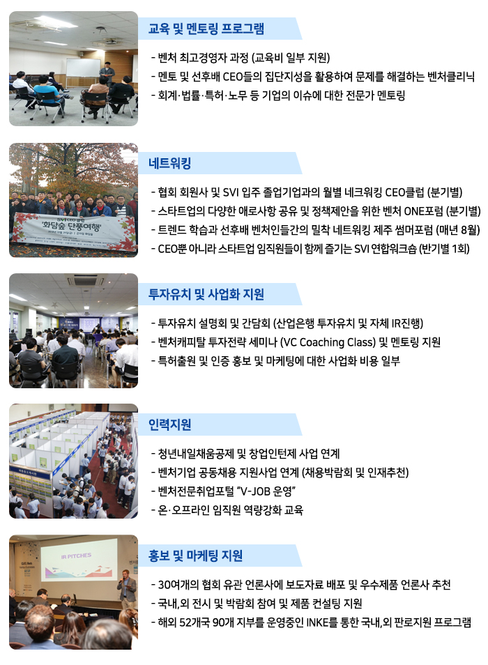 프로그램 : 교육및 멘토링프로그램, 네트워킹, 투자유치 및 사업화지원, 인력지원, 홍보및 마케팅 지원